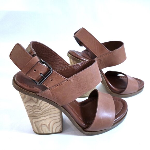 Vince Haley Brown Leather Buckle Open Toe Block Heel Sandals Size 6 - Picture 1 of 5